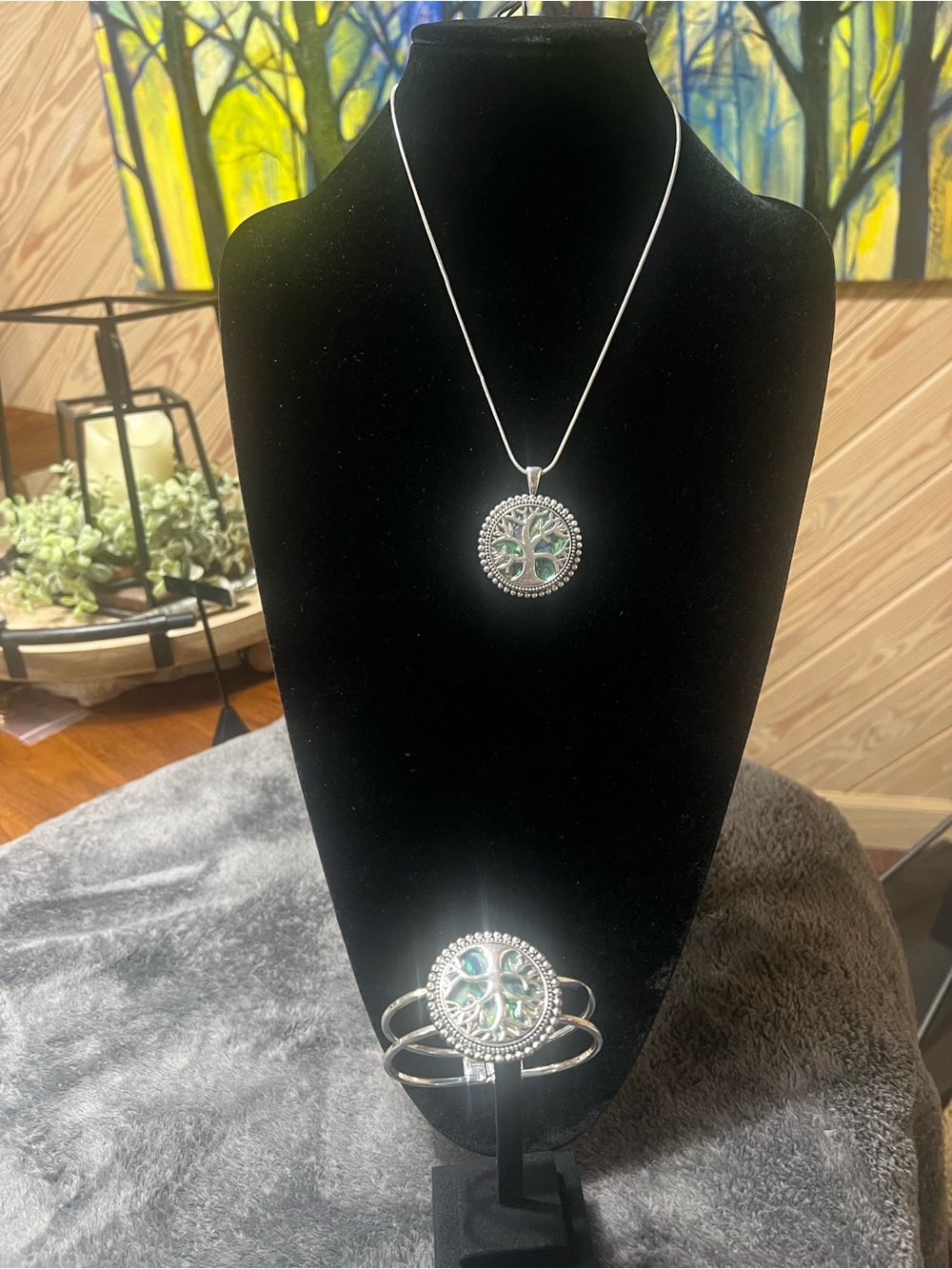 Silver Tree of Life Necklace and Bracelet Set with Green Accents